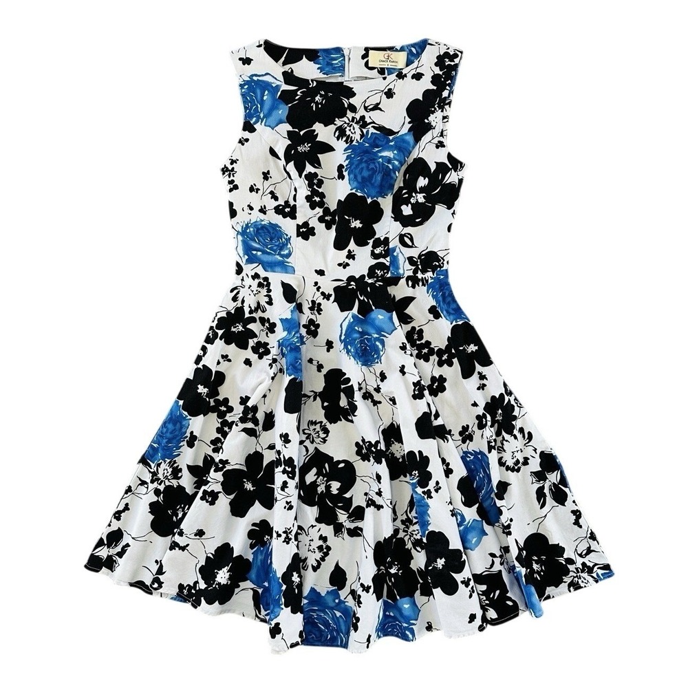 Grace Karin Floral Dress S Small Rockabilly Pinup Blue Black White‎ Trad Circle